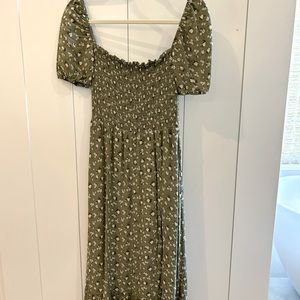 Green floral Reformation dress.